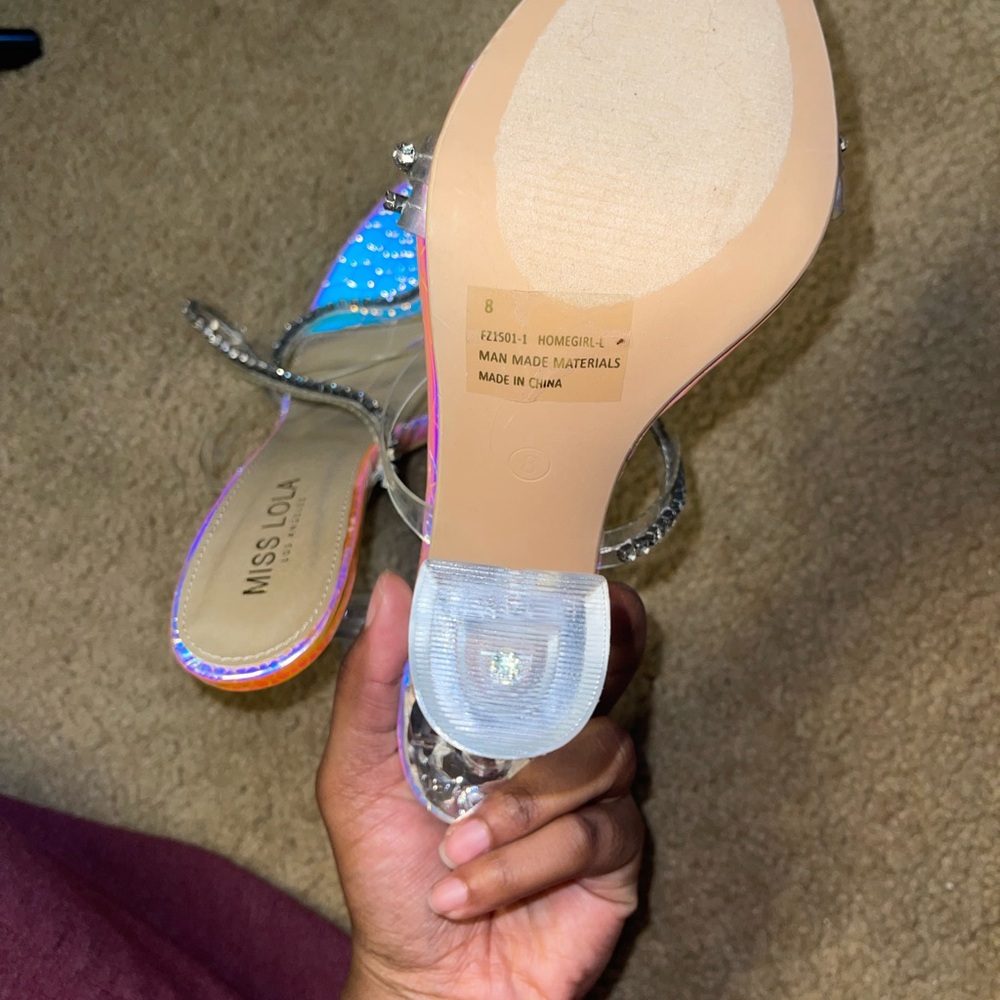 Miss Lola Iridescent Blue Heels with Rhinestone Straps - Picture 3 of 6